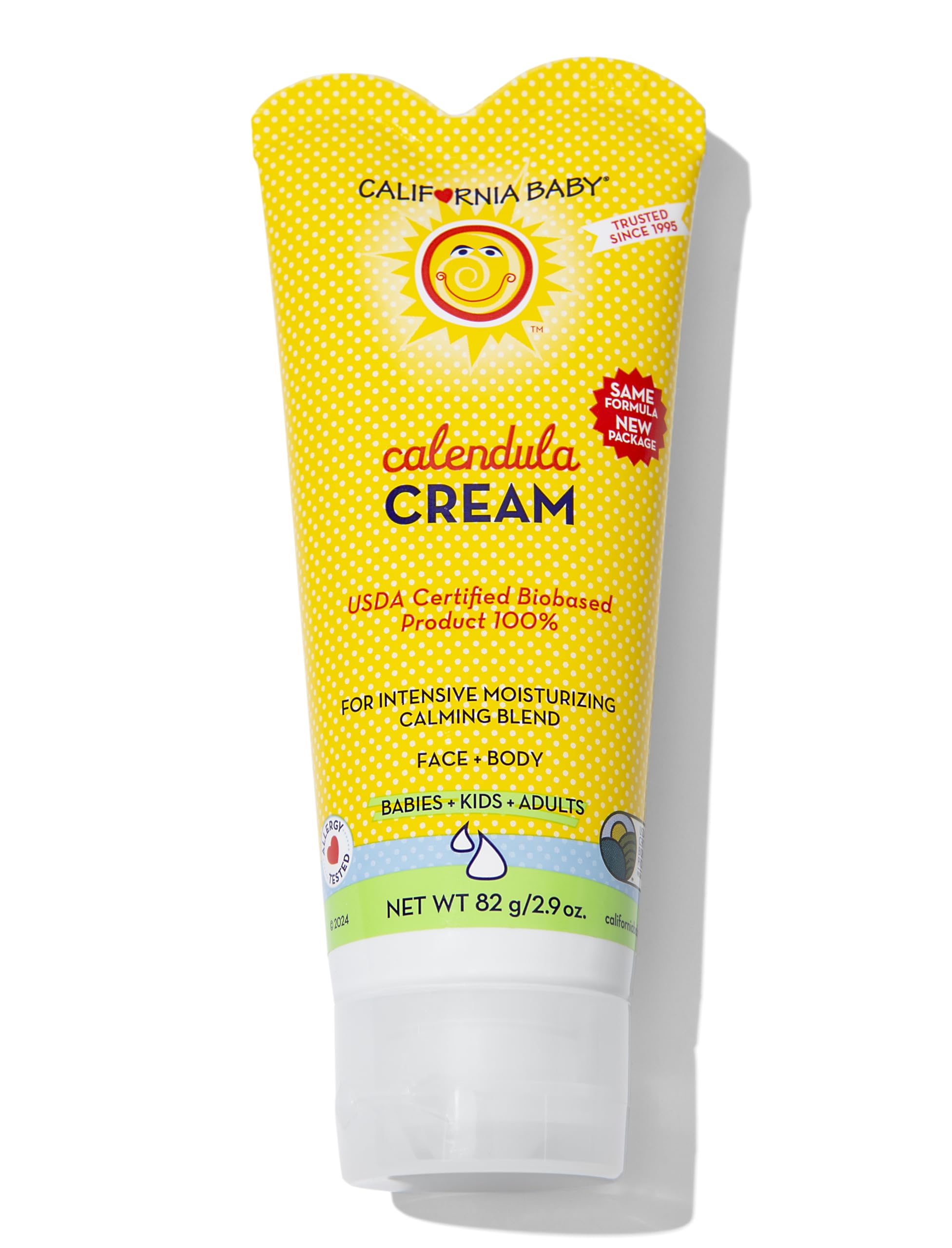 California Baby Calendula Cream new packaging tube showing recyclable design for easy dispensing