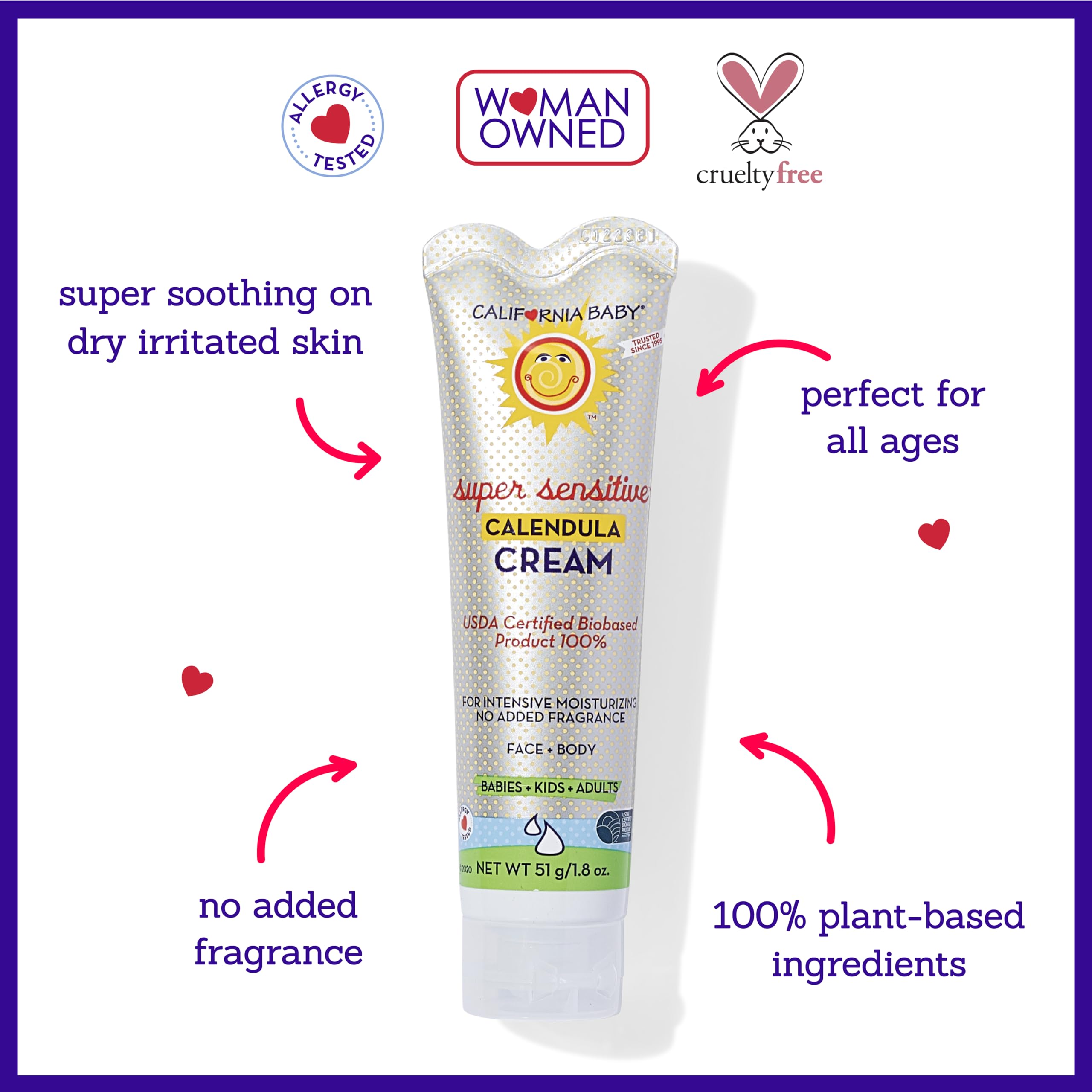 California Baby Calendula Cream unscented ingredients panel highlights plant-based formulation and calendula relief