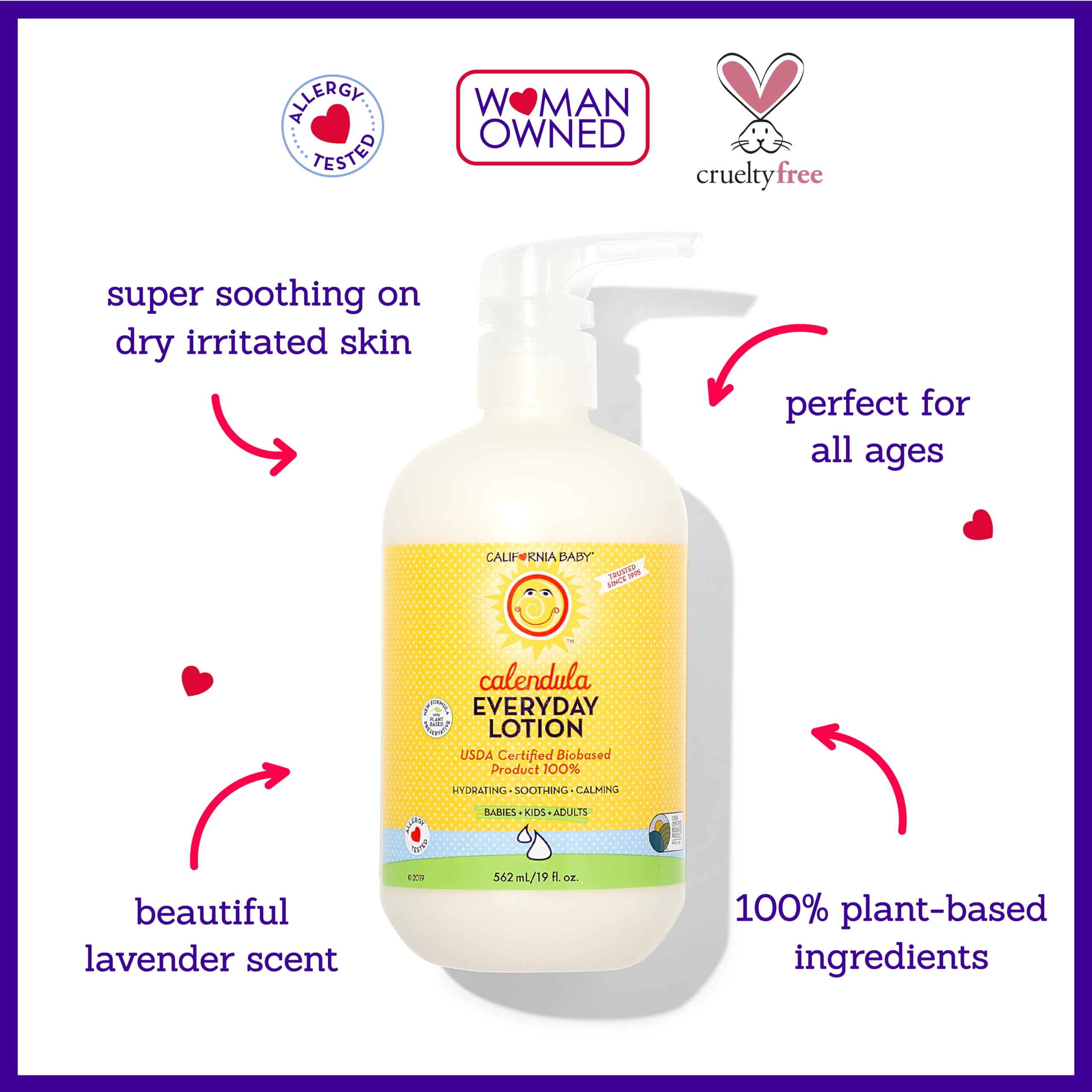 California Baby Calendula Lotion lavender scent emphasizes natural fragrance and calm mood.