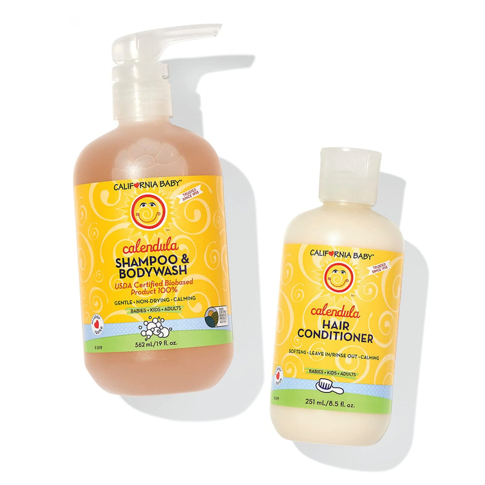 California Baby calendula shampoo bottle shows gentle cleansing for sensitive skin.