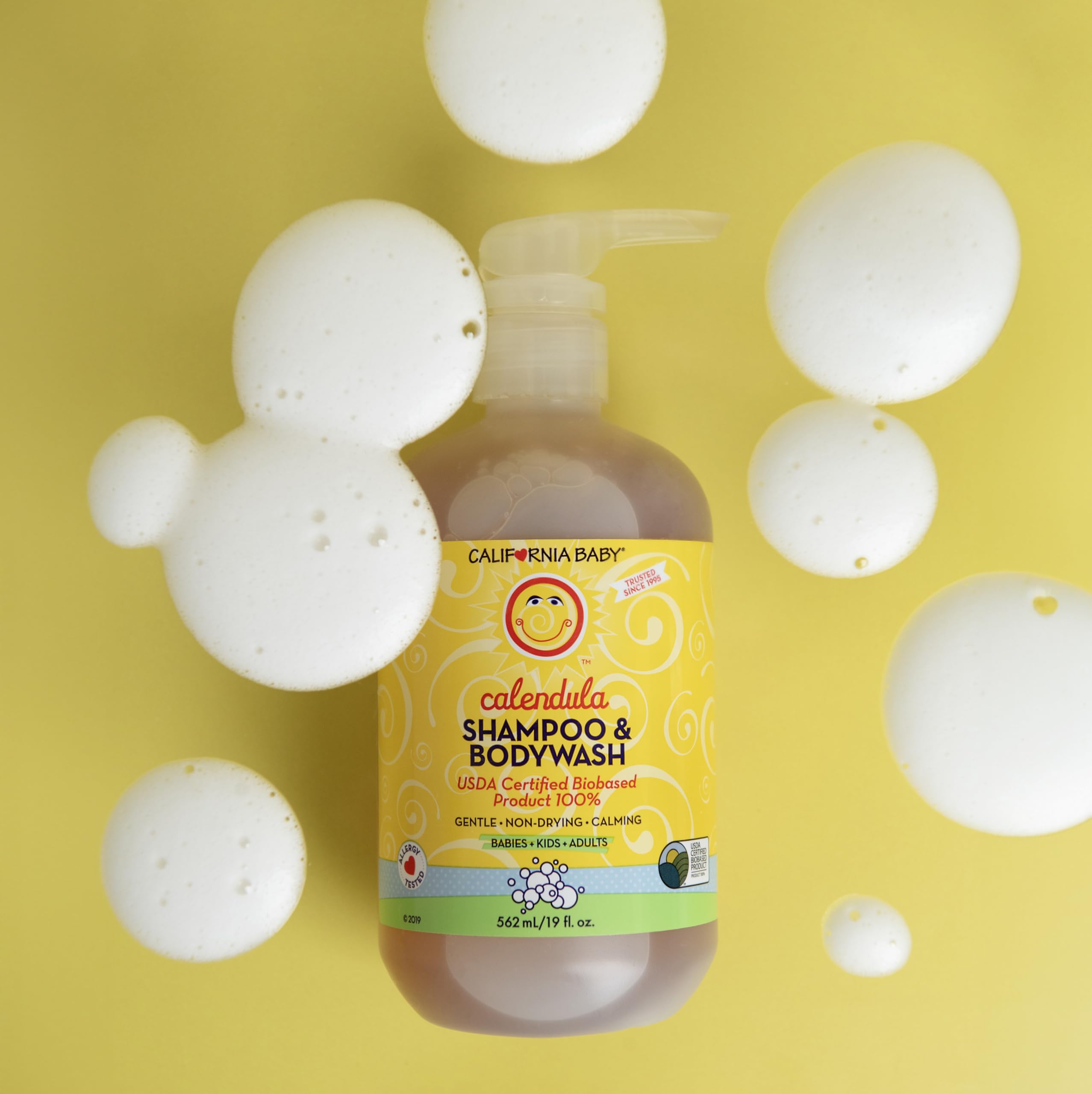California Baby Calendula shampoo-wash foam demonstrates soft lather for sensitive scalps