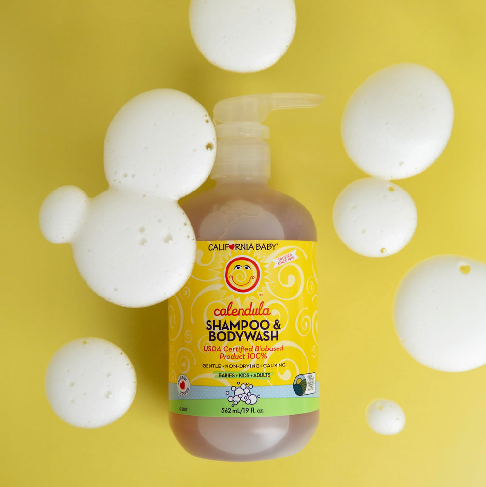 California Baby Calendula shampoo-wash foam demonstrates soft lather for sensitive scalps