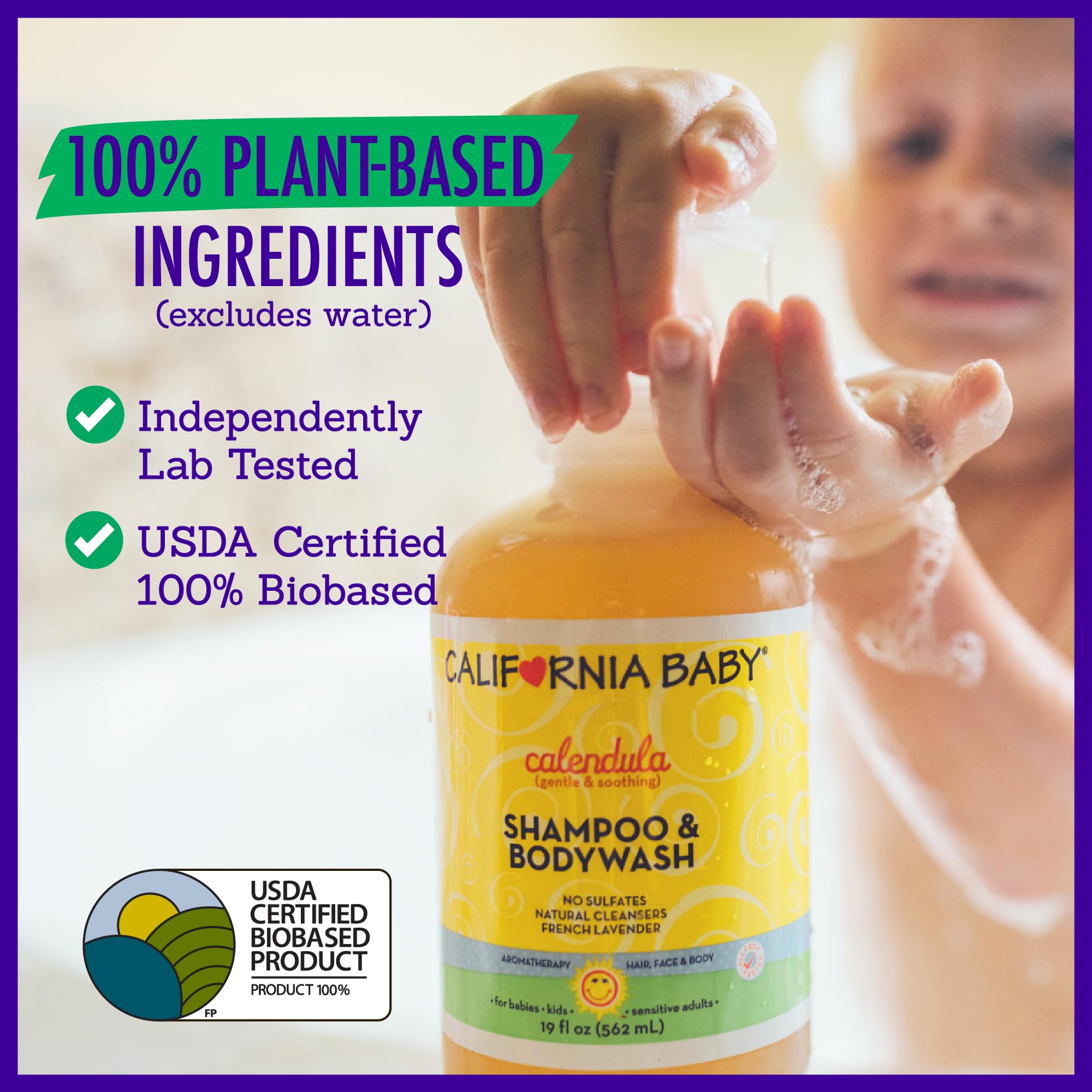 California Baby Calendula shampoo-wash hair-skin-use illustrates safe, all-ages cleansing
