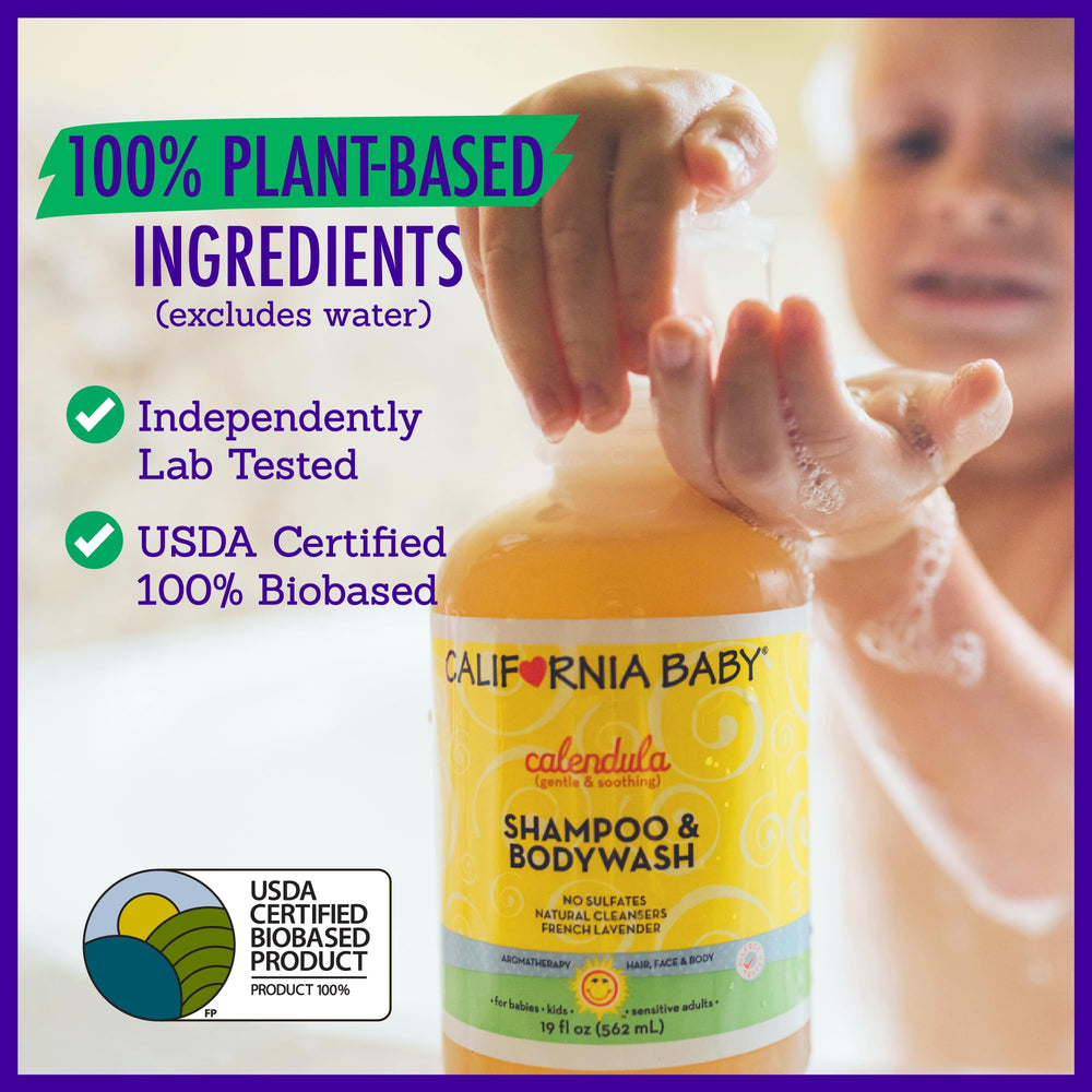 California Baby Calendula shampoo-wash hair-skin-use illustrates safe, all-ages cleansing