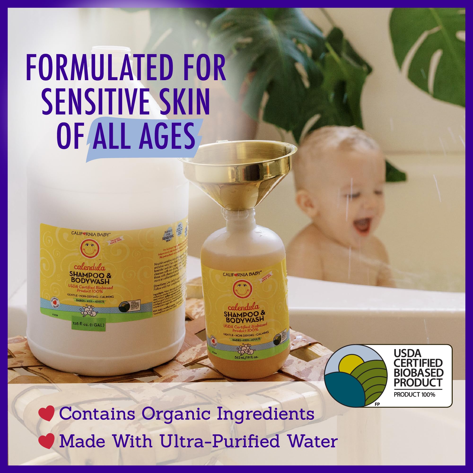 California Baby Calendula shampoo-wash ingredients scene highlights plant-based vegan formula