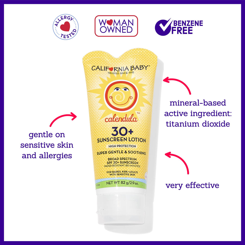 California Baby Calendula SPF30 mineral sunscreen with non-nano titanium dioxide for sensitive skin.