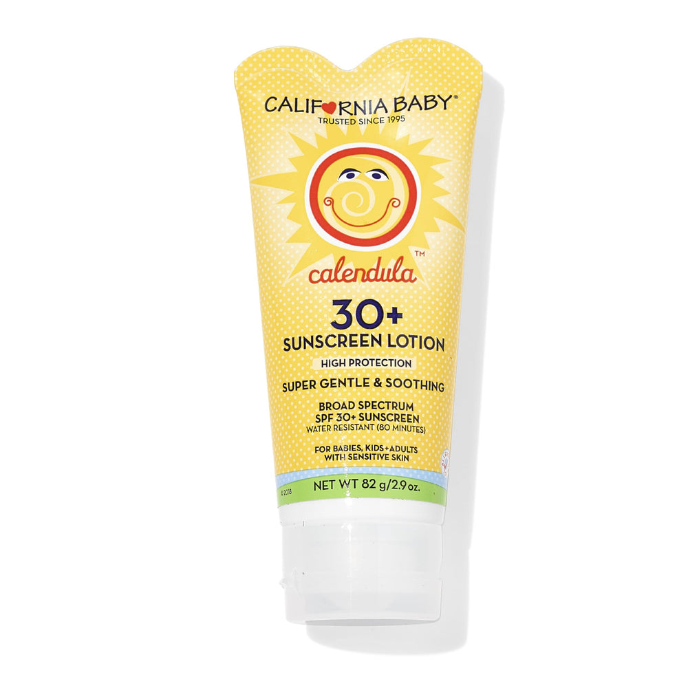 California Baby Calendula SPF30 travel-size sunscreen tube for on-the-go sun protection.
