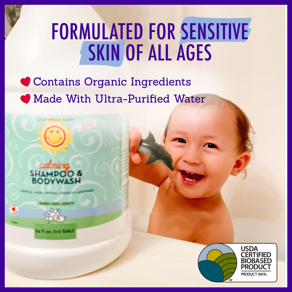 Calming Baby bath scene showing gentle cleansing for sensitive skin.