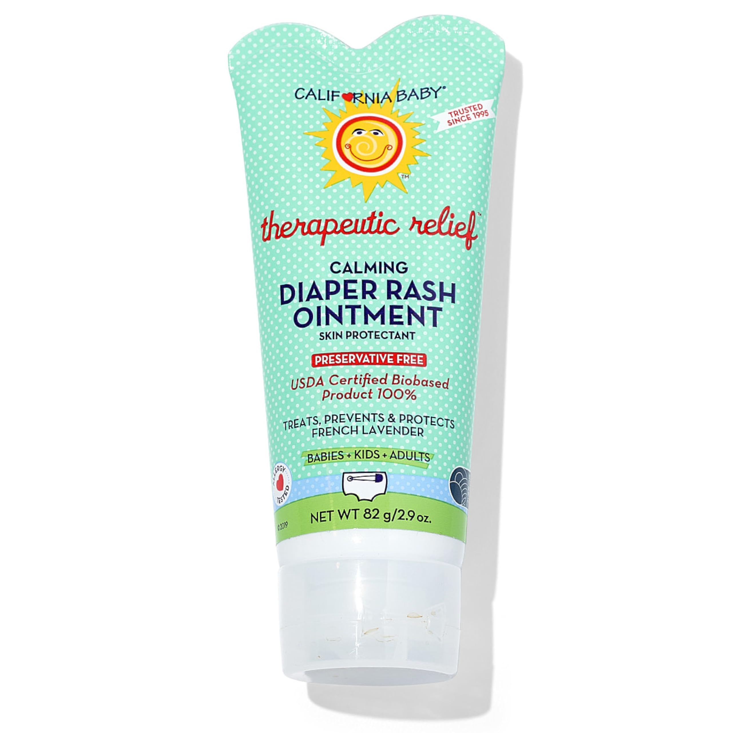 California Baby calming diaper rash cream jar shows zinc oxide for gentle rash support.