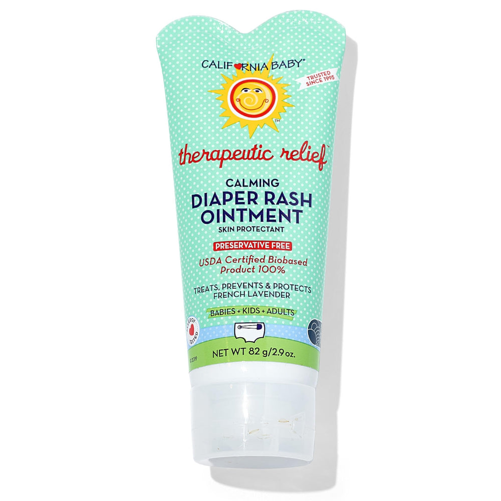 California Baby calming diaper rash cream jar shows zinc oxide for gentle rash support.