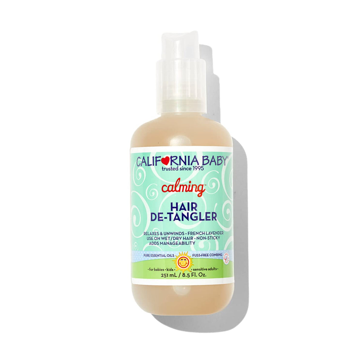 California Baby Calming Hair Detangler Spray bottle showing knot-free detangling and shine.