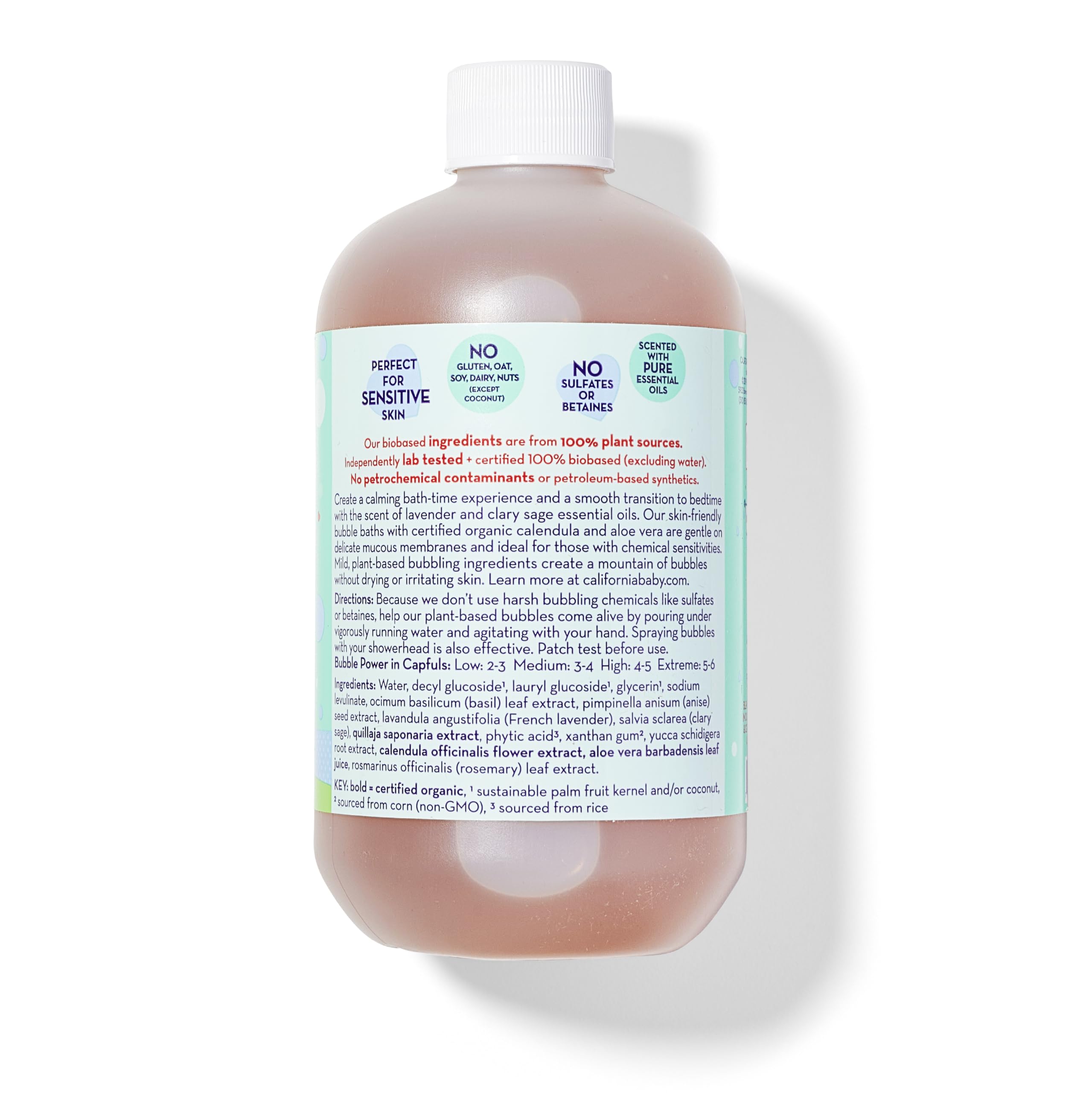California Baby Calming Lavender Bubble Bath in tub with bubbles for soothing bedtime routine