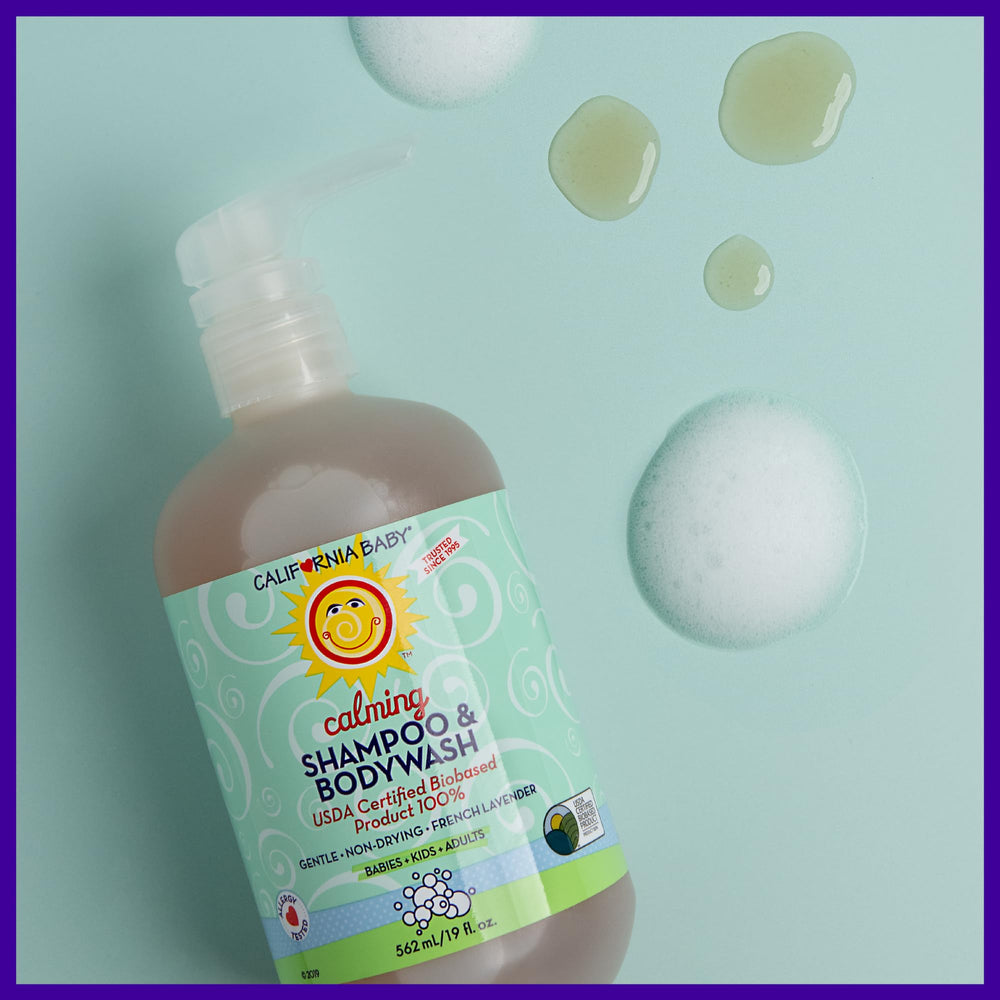 California Baby Calming Shampoo bedtime routine shot suggests relaxing, gentle cleanse before sleep.