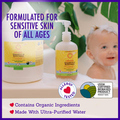 California Baby conditioner bottle demonstrates detangling and shine with plant ingredients.