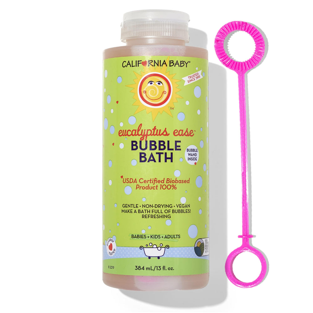 California Baby eucalyptus bubble bath bottle highlights plant-based bubbles for sensitive skin