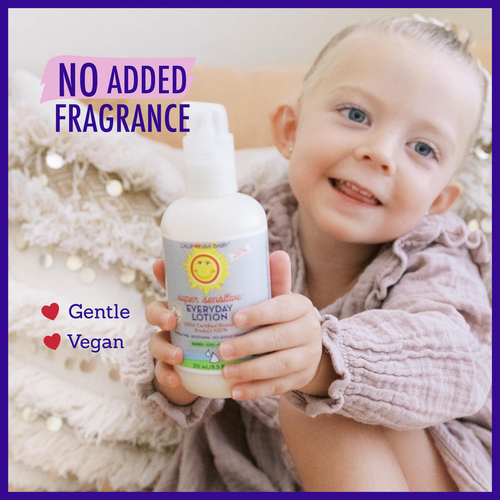California Baby Plant-based Unscented Lotion emphasizes 100% plant-based, petroleum-free care