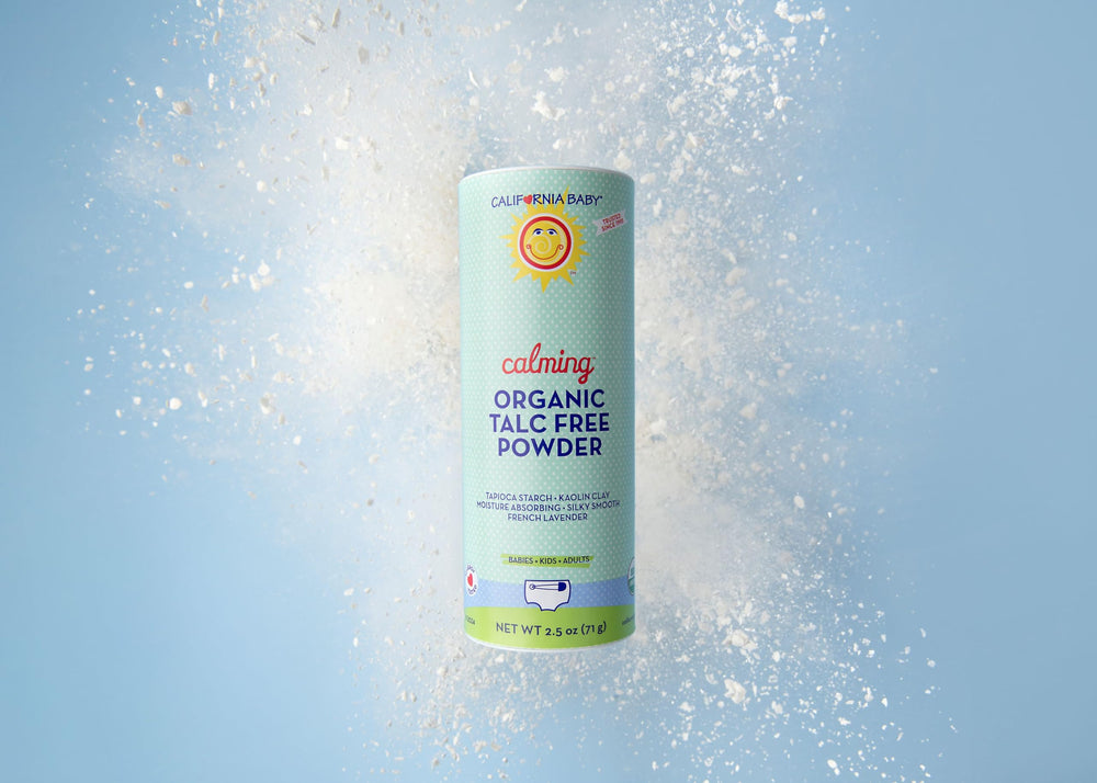California Baby Powder ingredients panel close-up: talc-free formula for gentle moisture absorption