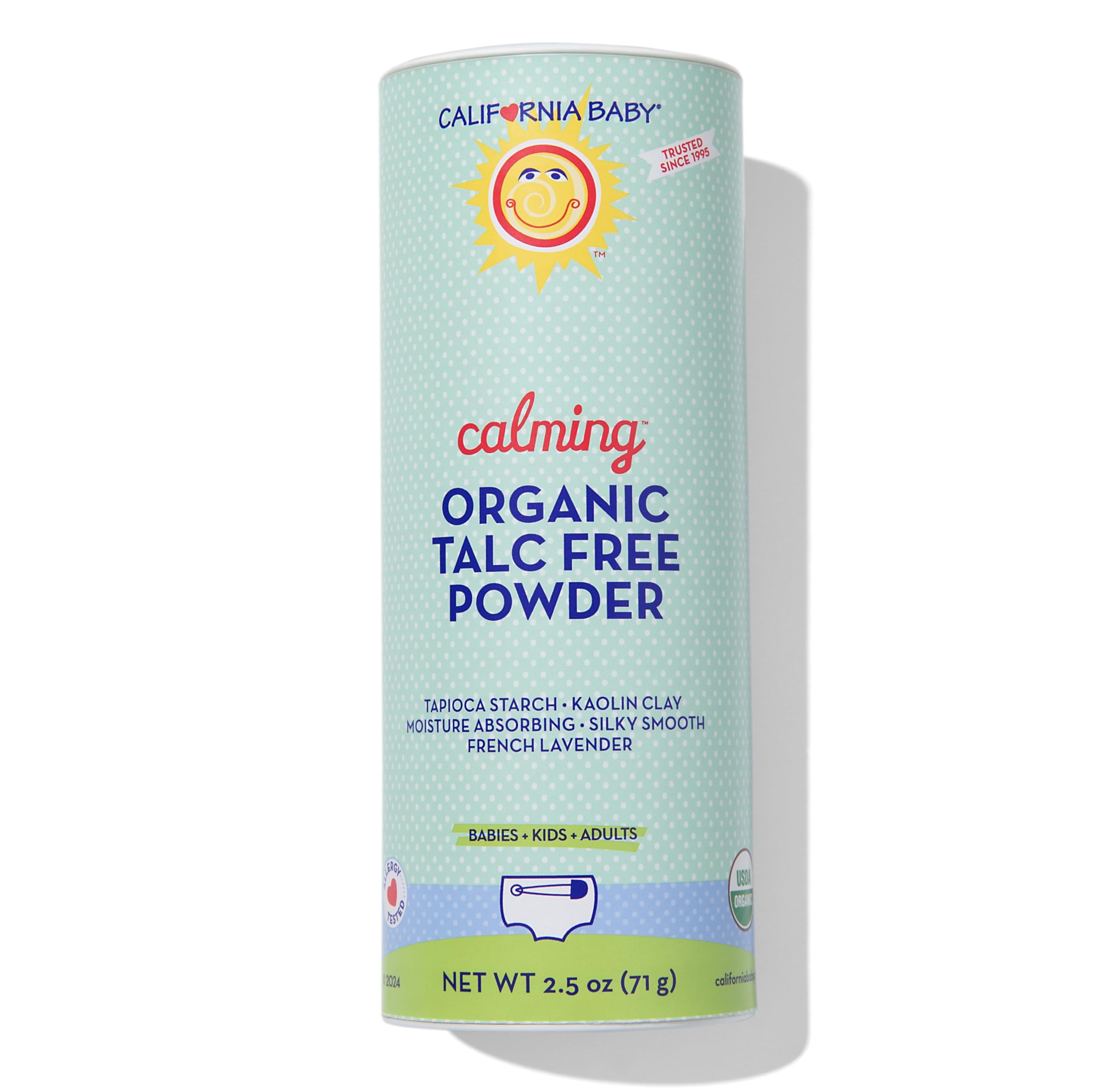 California Baby Powder lavender bottle pour: soothing moisture absorption for delicate skin