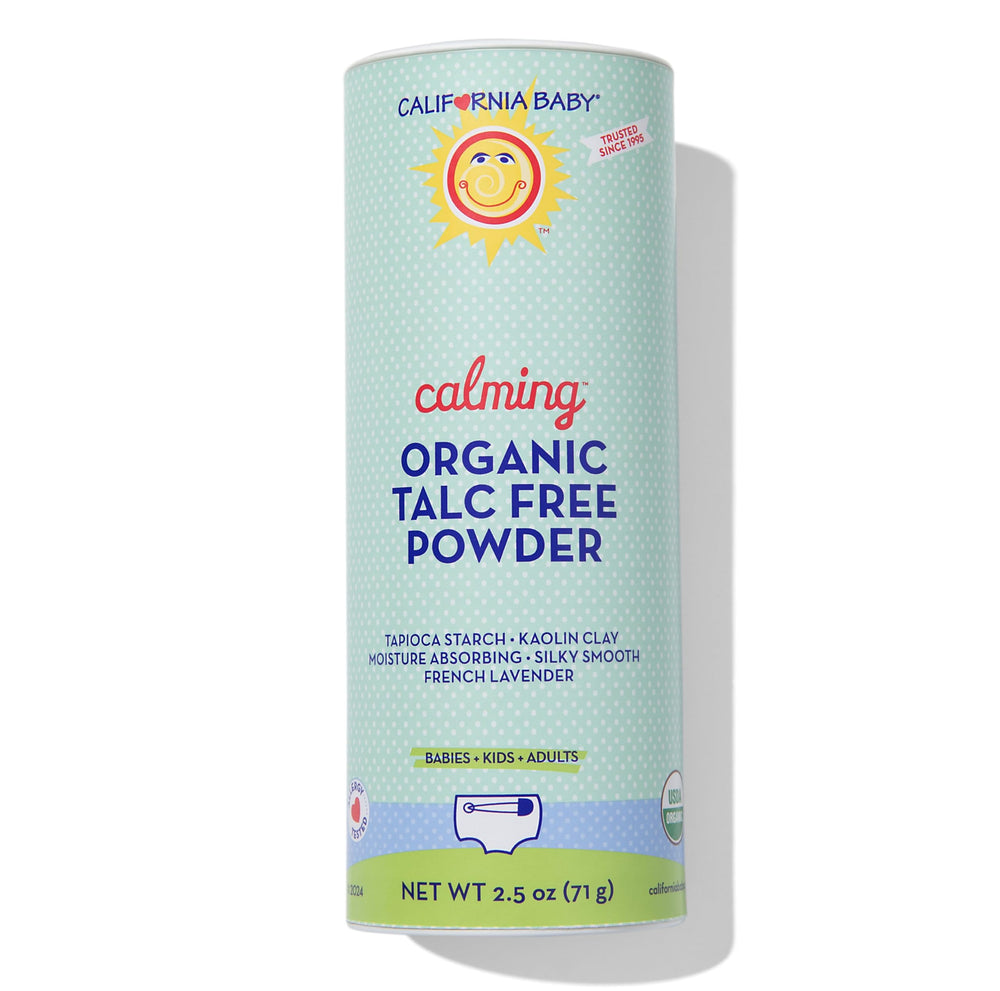 California Baby Powder lavender bottle pour: soothing moisture absorption for delicate skin