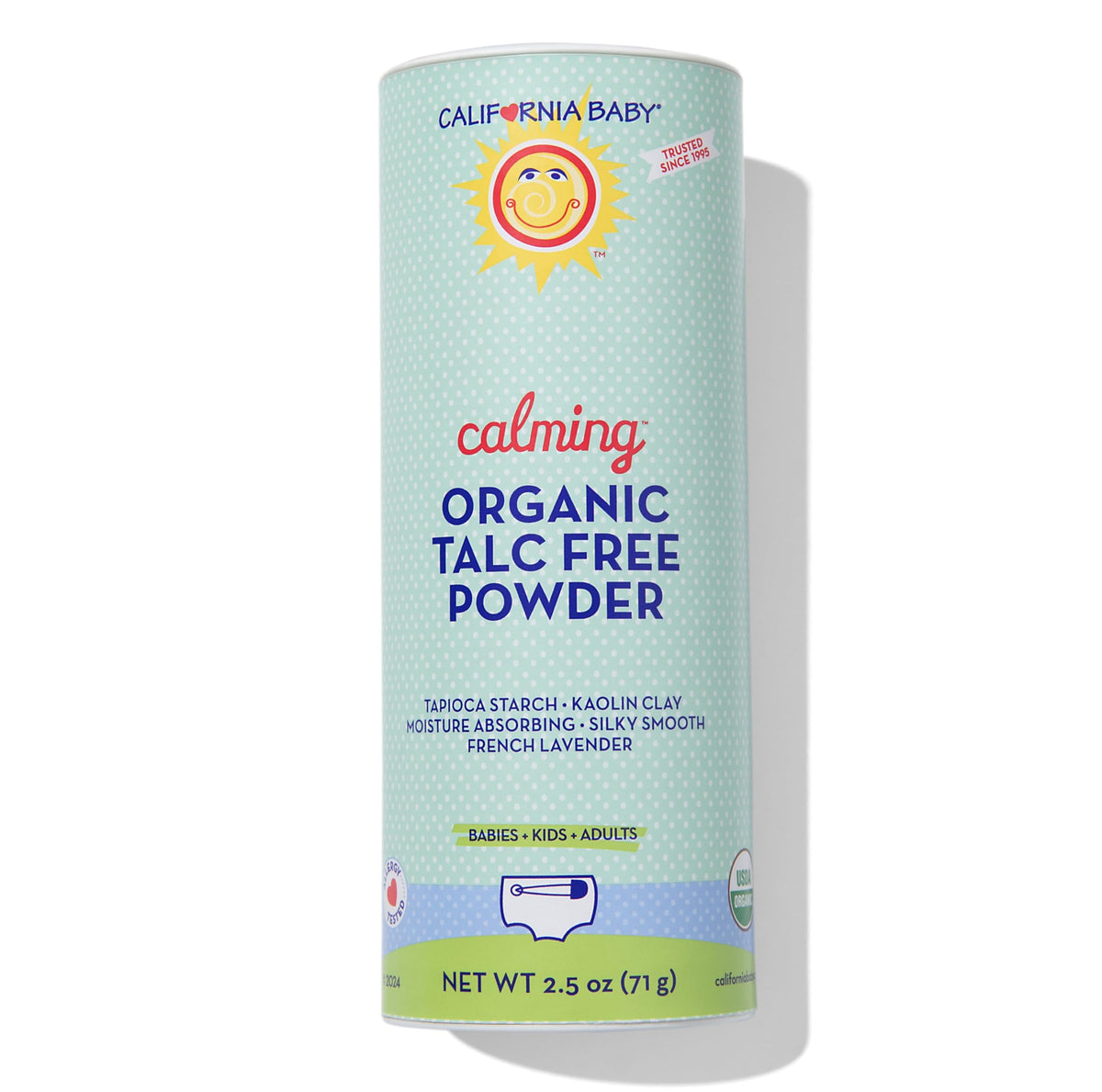 California Baby Powder lavender bottle pour: soothing moisture absorption for delicate skin
