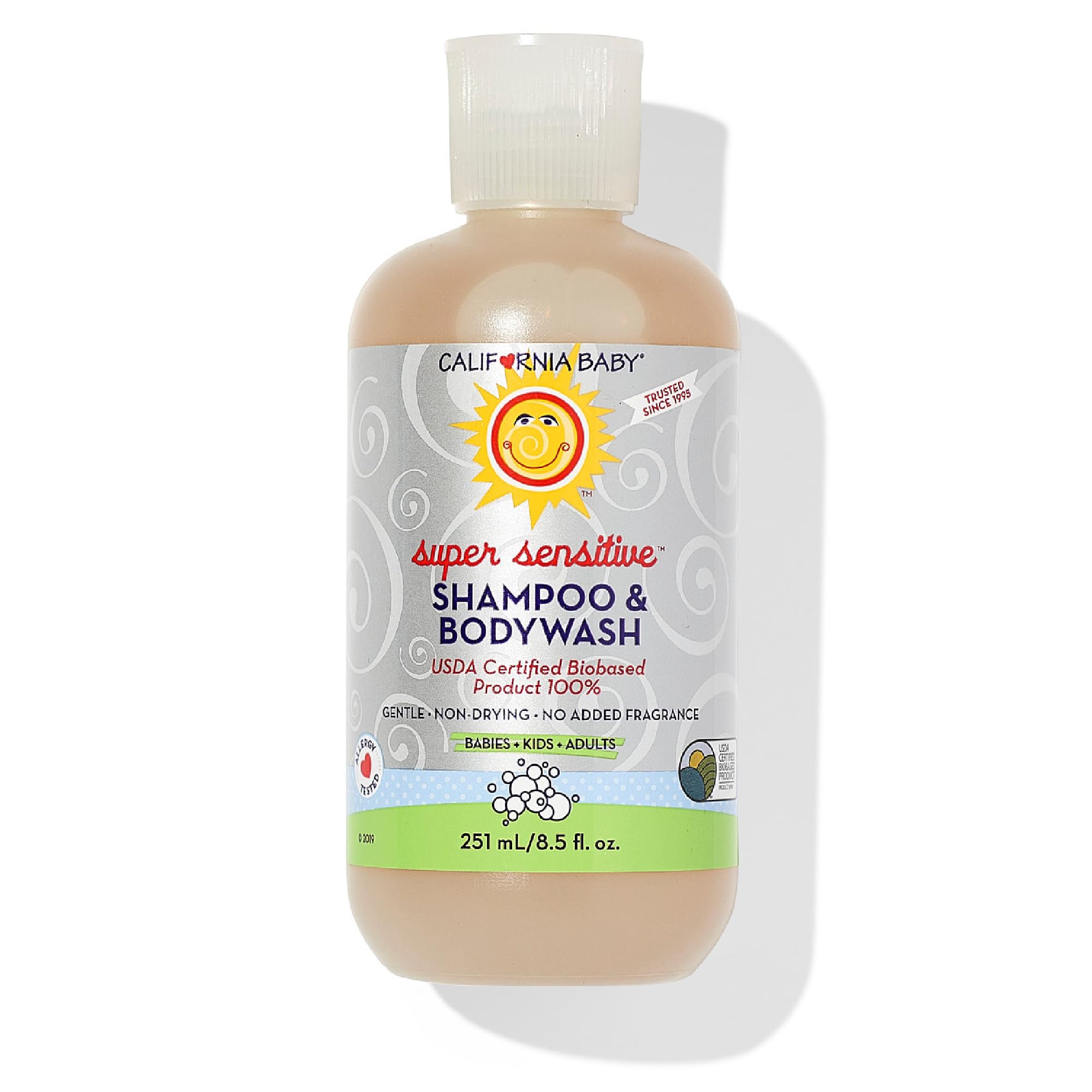 California Baby Super Sensitive bottle shows a gentle 2-in-1 cleanser for delicate skin