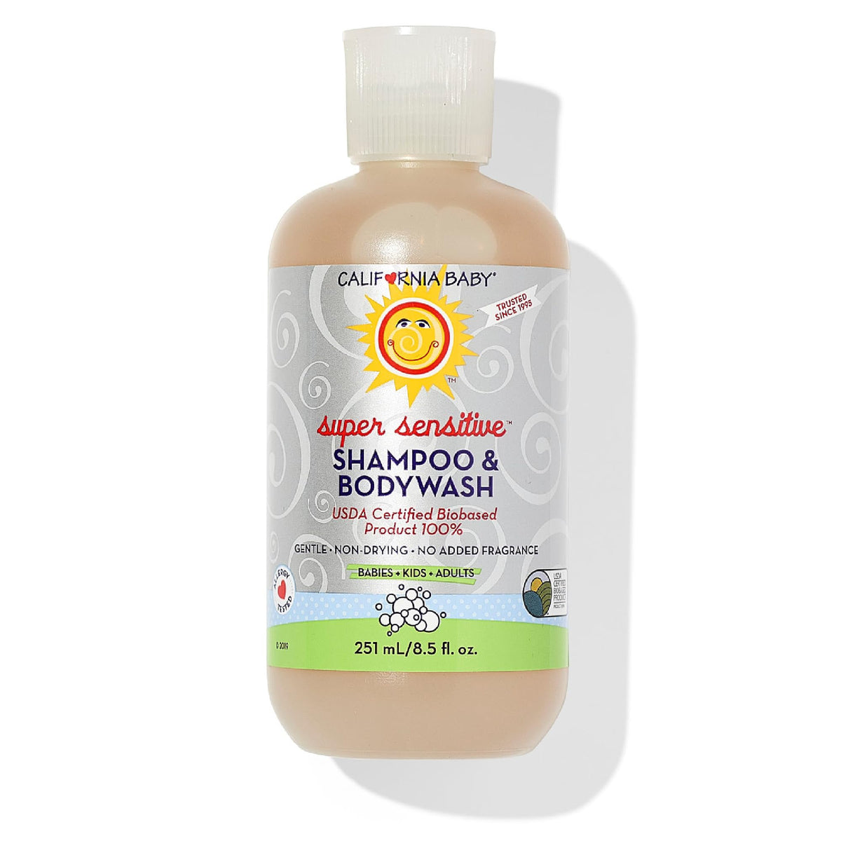 California Baby Super Sensitive bottle shows a gentle 2-in-1 cleanser for delicate skin