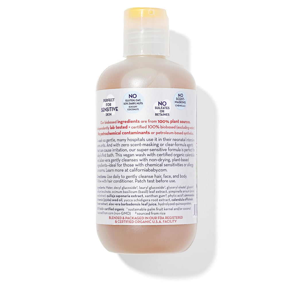 California Baby Super Sensitive label closeup highlights fragrance-free, hypoallergenic formula