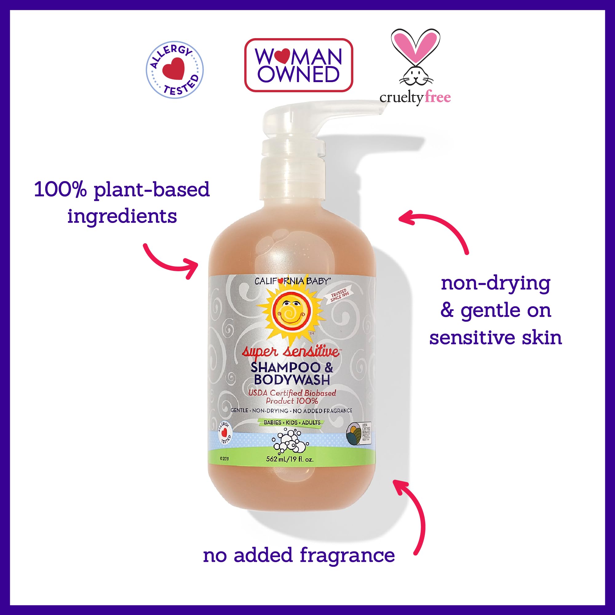 California Baby Super Sensitive baby wash used on hair, face, and body for delicate skin.