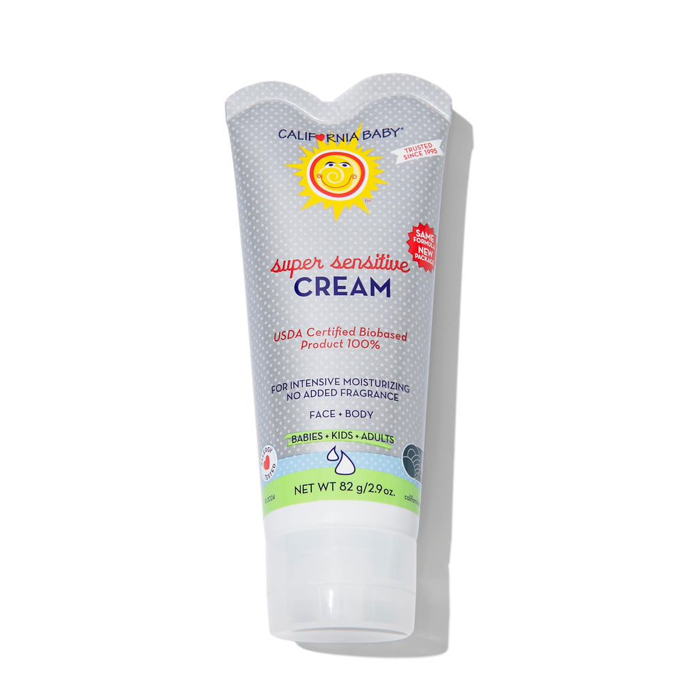 California Baby Super Sensitive Cream bottle shows fragrance-free formula for newborn skin care