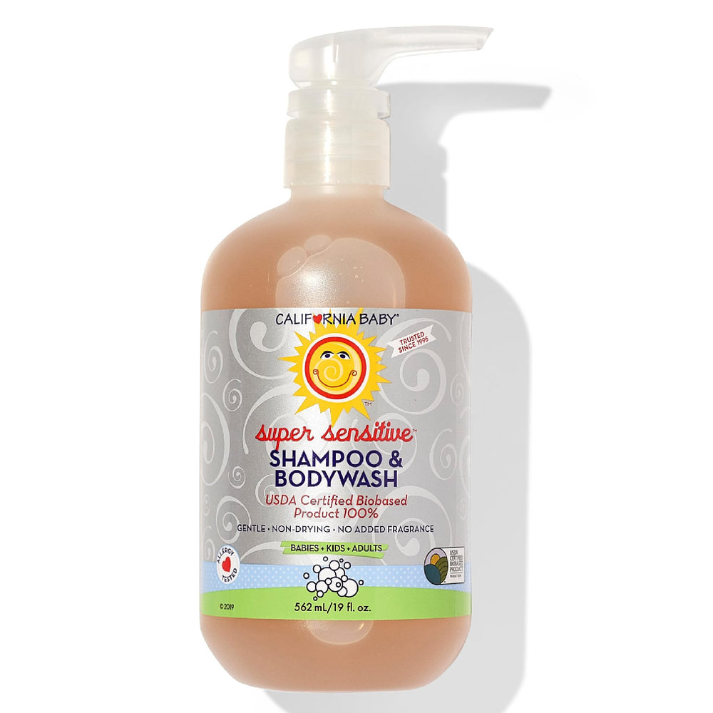 California Baby Super Sensitive shampoo bottle, plant-based and gentle for sensitive skin.