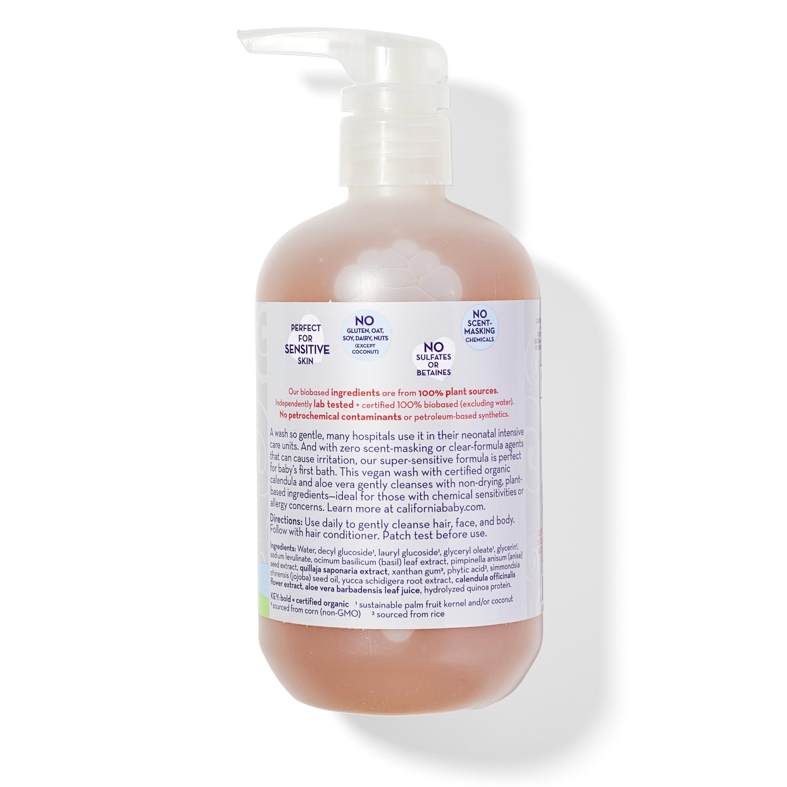 Closeup of California Baby Super Sensitive shampoo label, fragrance-free and hypoallergenic.