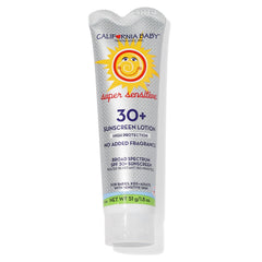 California Baby Super Sensitive SPF30+ bottle for face and body, mineral-based protection.