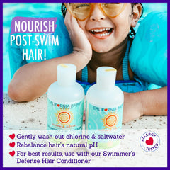 California Baby Swimmer's Defense after-swim-hair scene shows hydrating care.