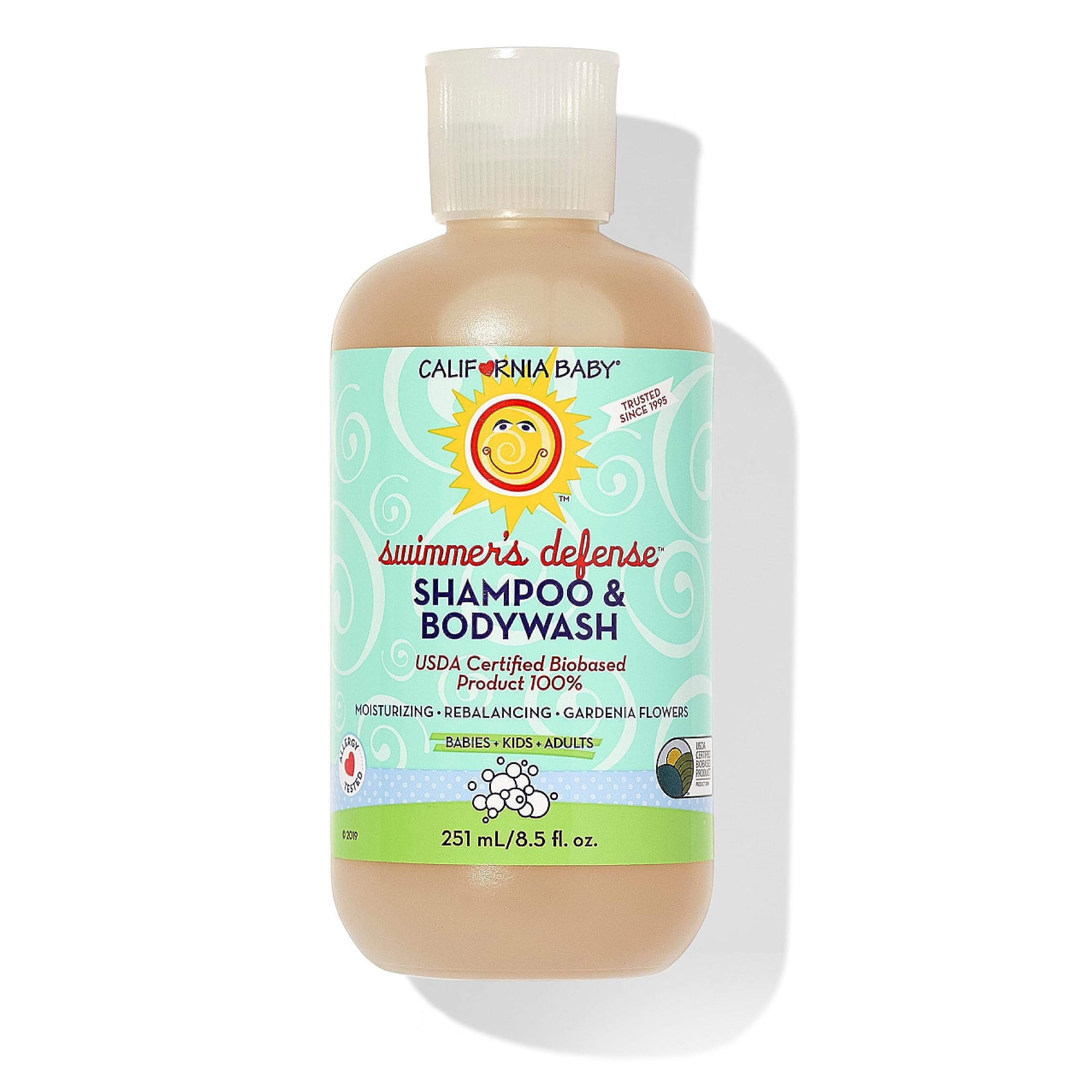California Baby Swimmer's Defense bottle-pour demonstrates easy post-swim cleansing.