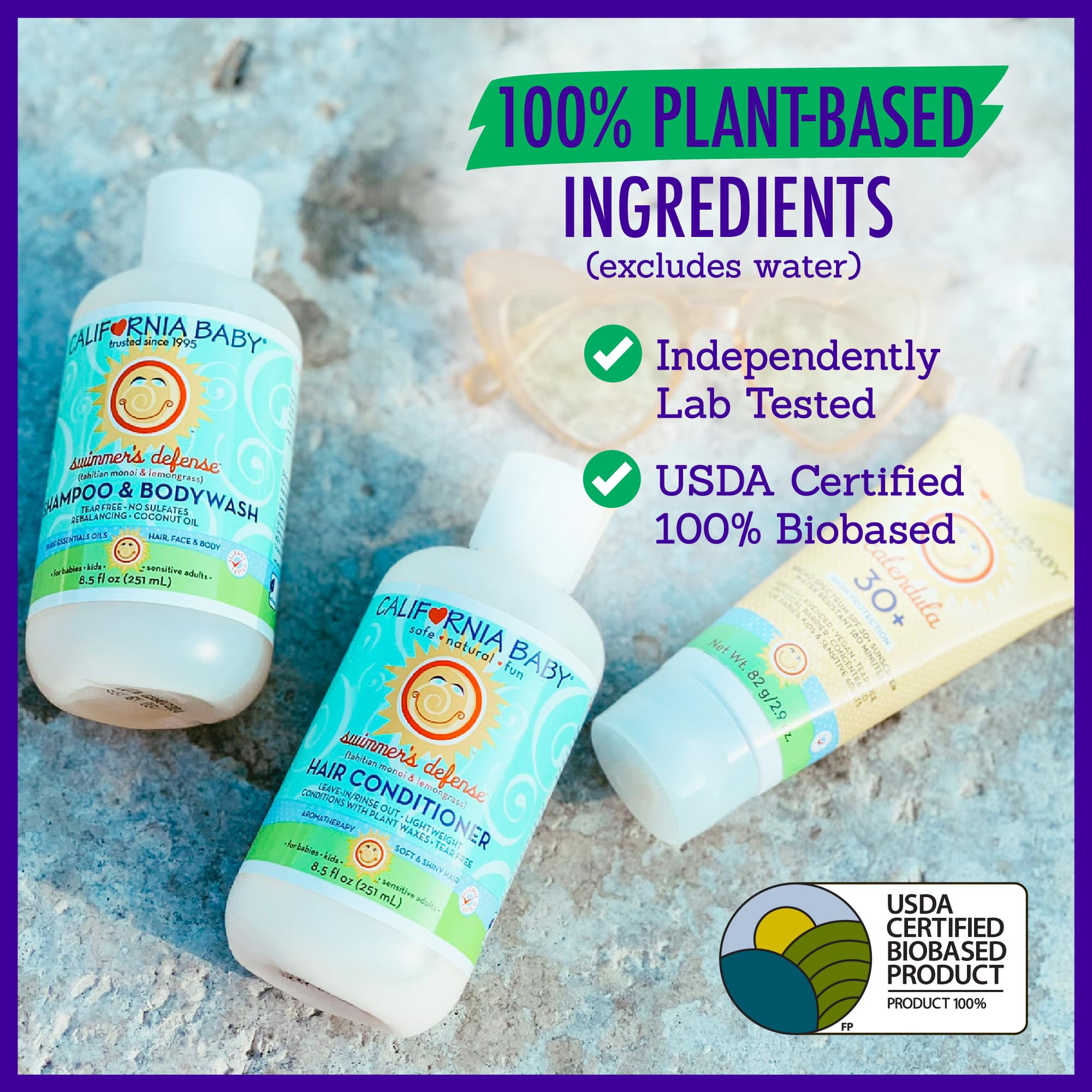 California Baby Swimmer's Defense ingredients closeup emphasizes calendula and aloe benefits.