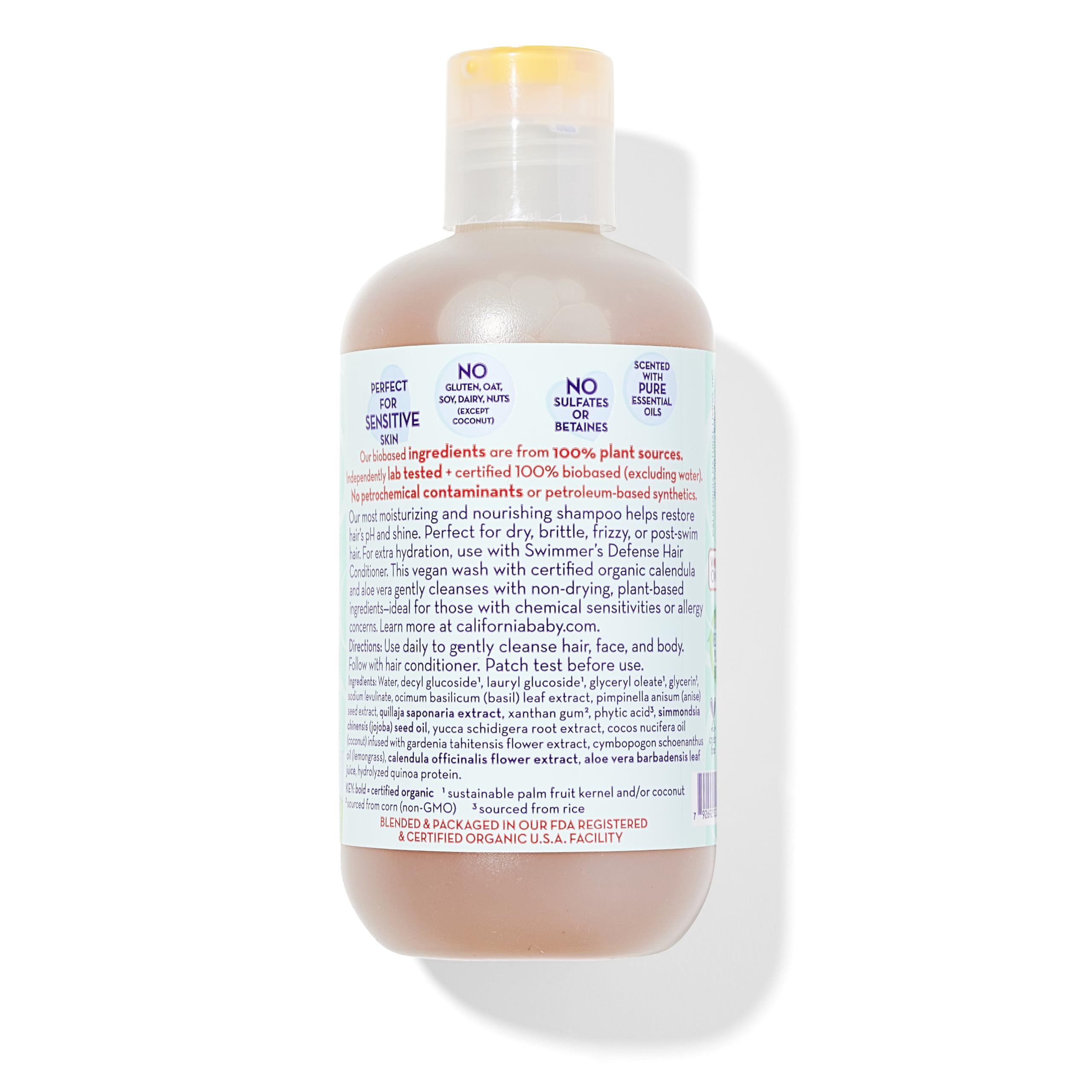 California Baby Swimmer's Defense label-closeup highlights plant-based, gentle cleansing.