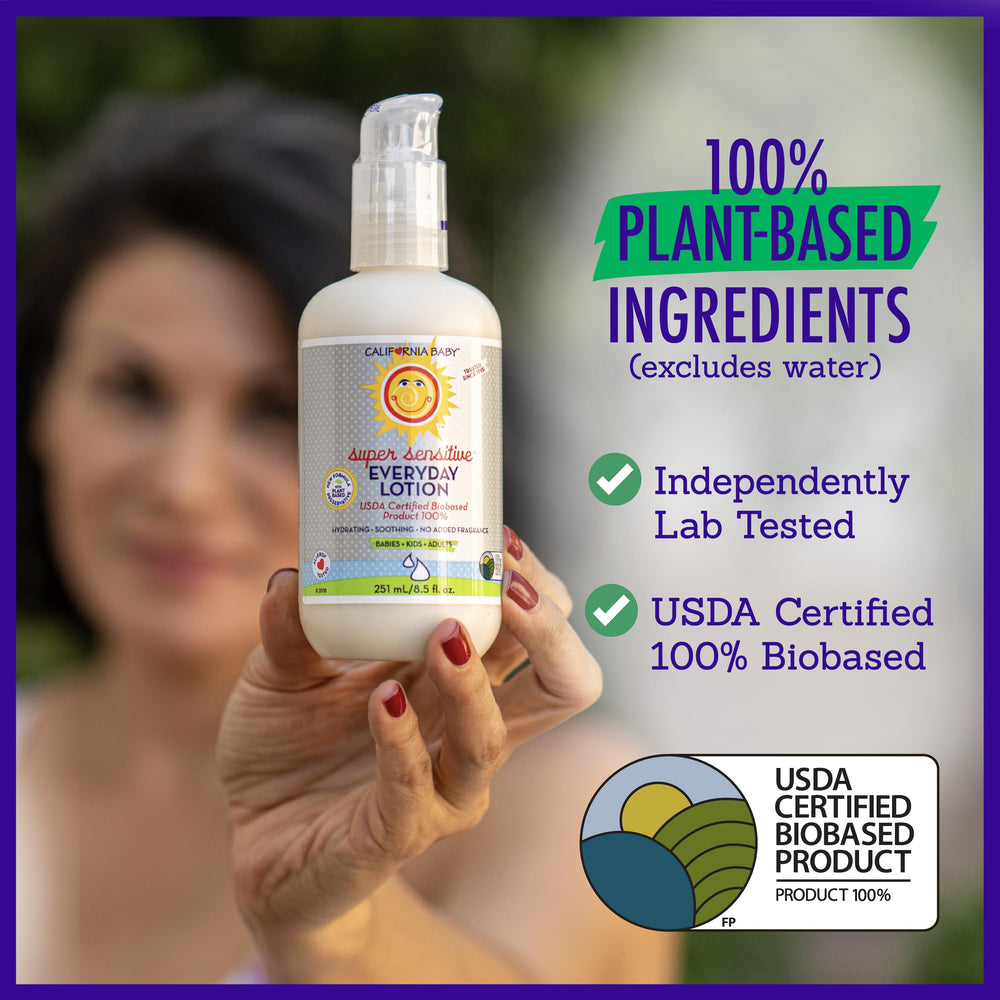 California Baby Unscented Lotion packaging reveals compact travel size for home use