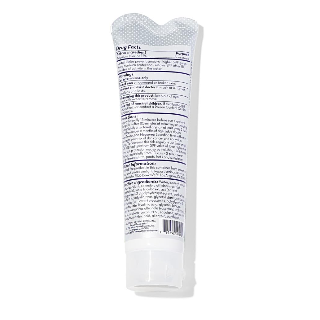 California Baby unscented sunscreen travel-size bottle on a neutral background.