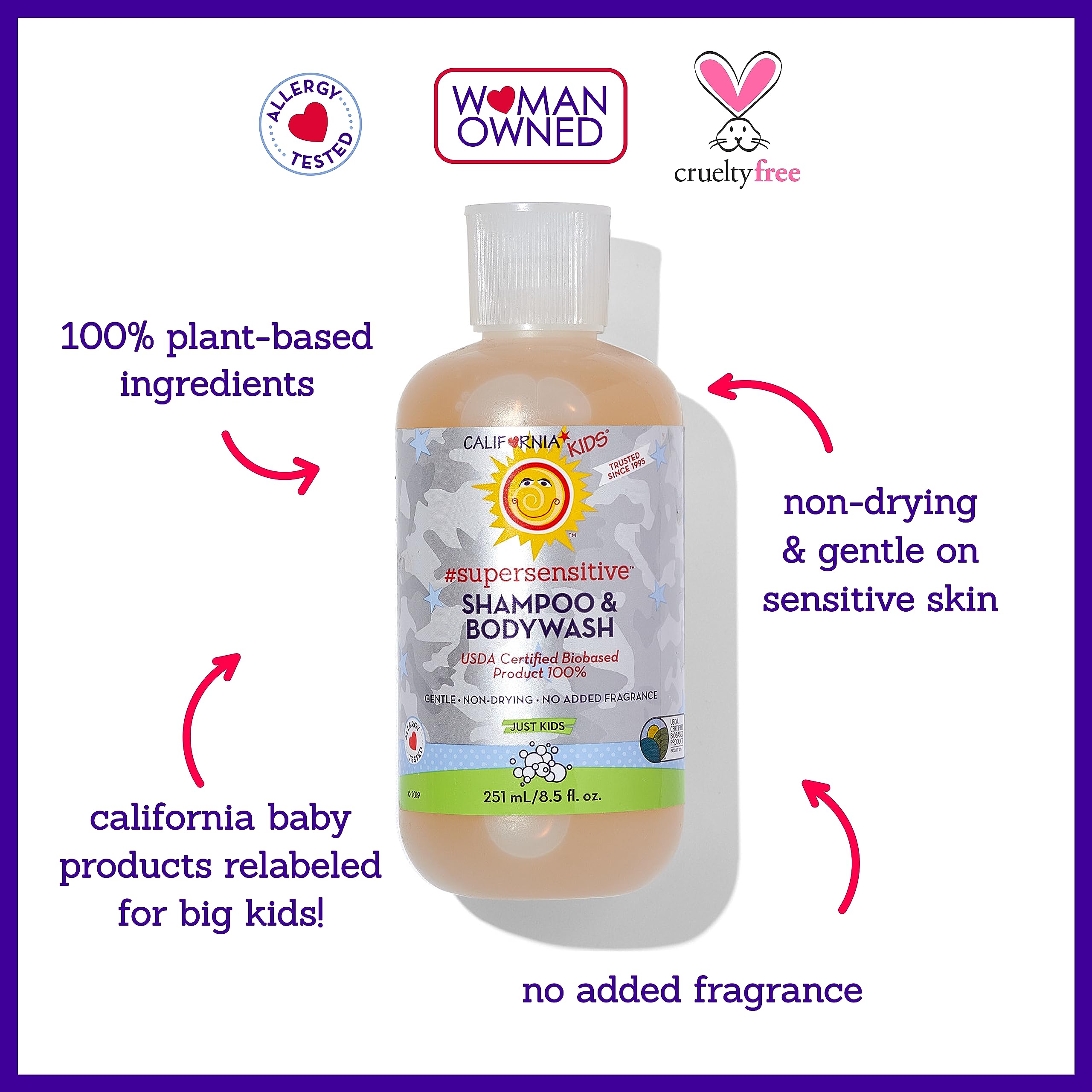 California Kids fragrance-free label signals hypoallergenic care for sensitive skin.