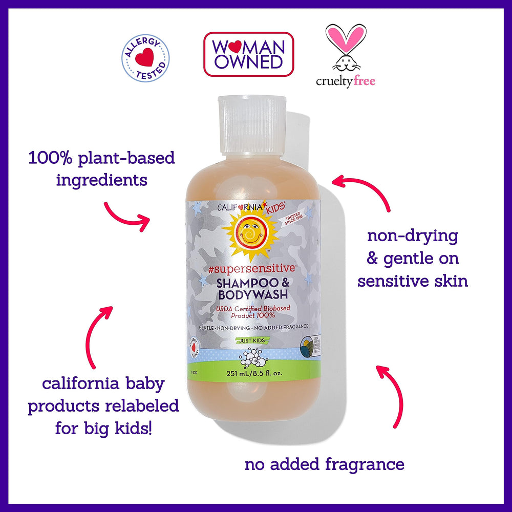 California Kids fragrance-free label signals hypoallergenic care for sensitive skin.