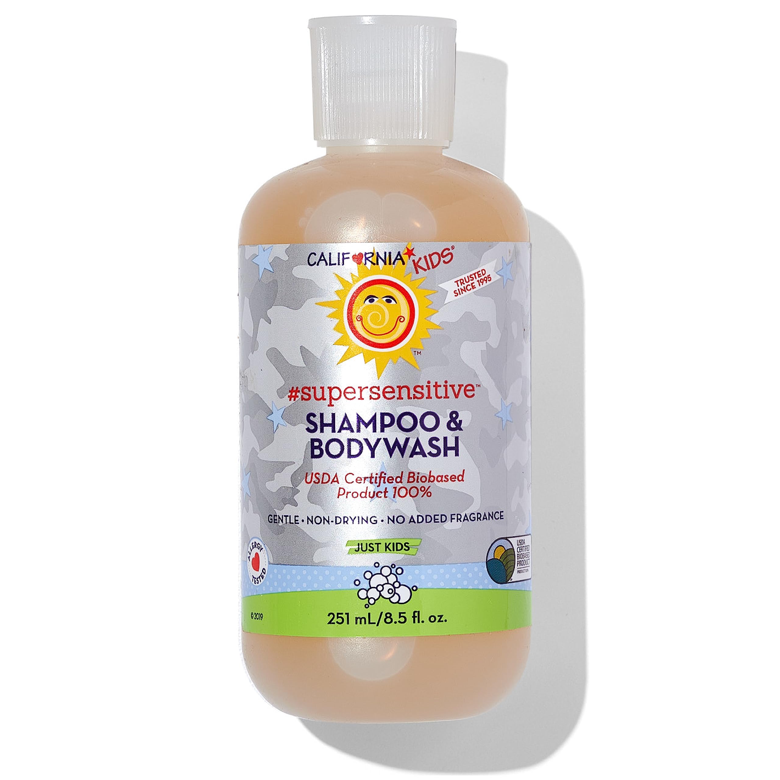 California Kids super-sensitive shampoo bottle unscented demonstrates gentle, plant-based cleansing for sensitive skin.