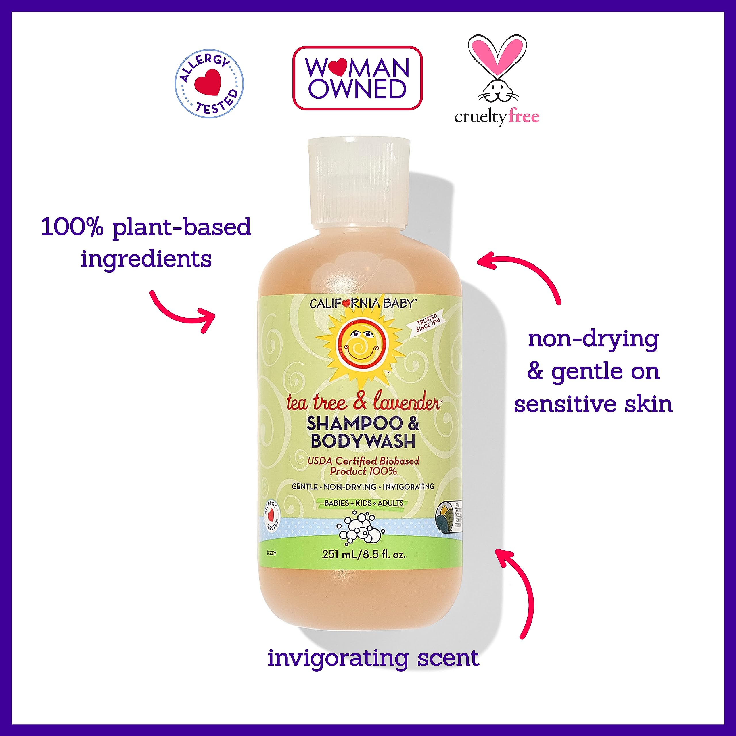 California Baby Tea Tree & Lavender ingredients highlight 100% plant-based formula.