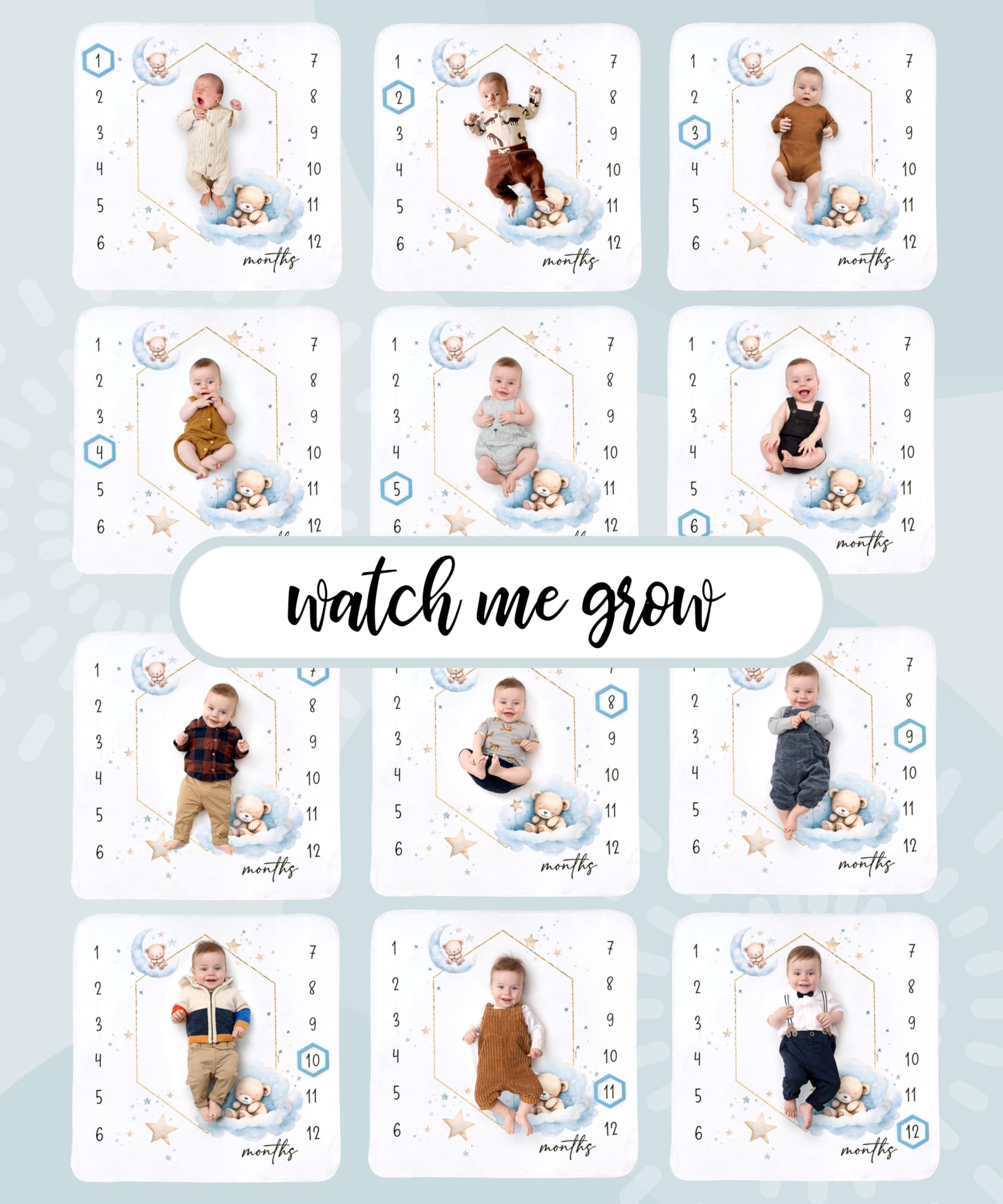 Calloo 12-month growth photos concept on a soft fleece backdrop for memories.