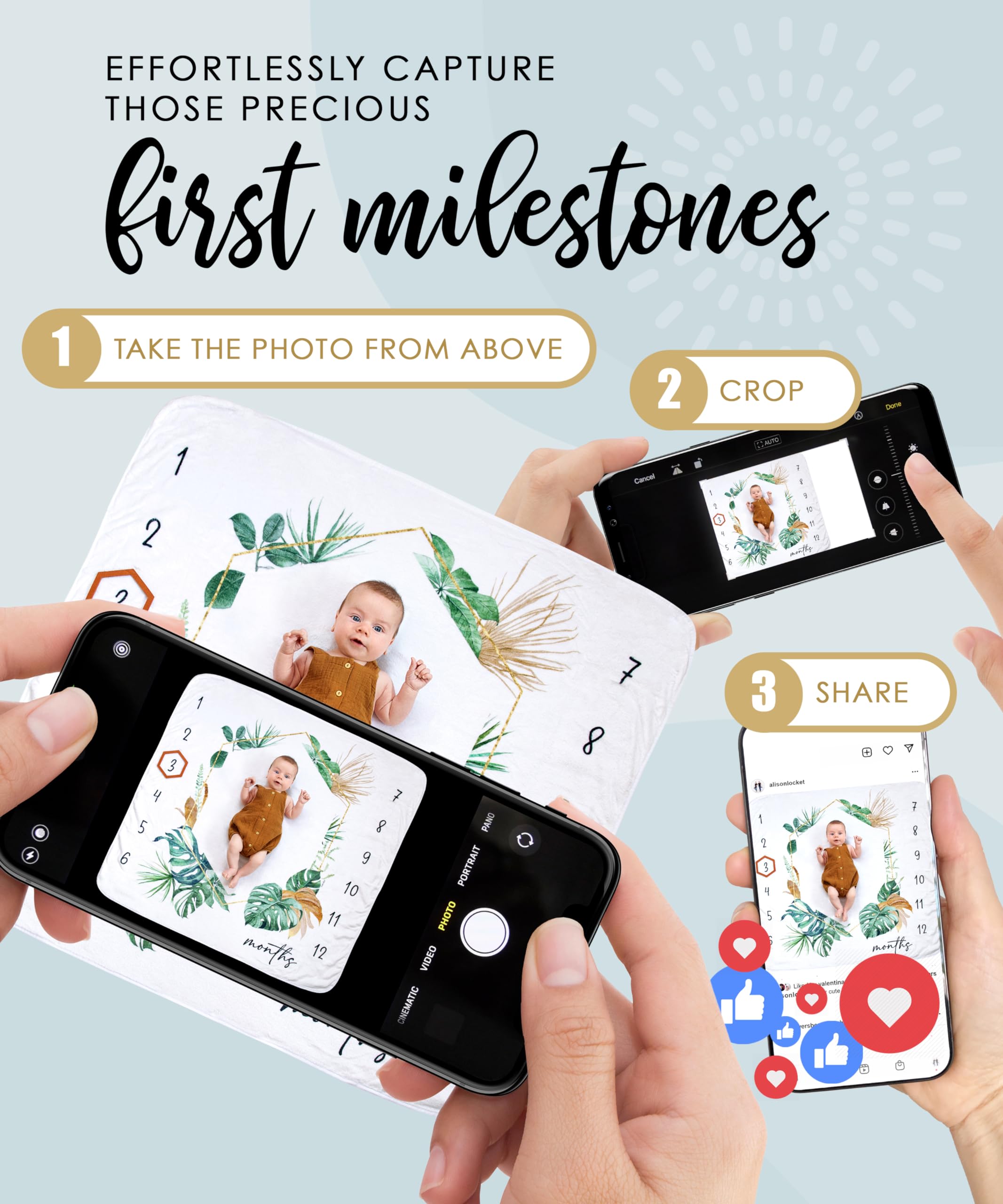 Calloo milestone blanket with props enables adorable social-ready storytelling.