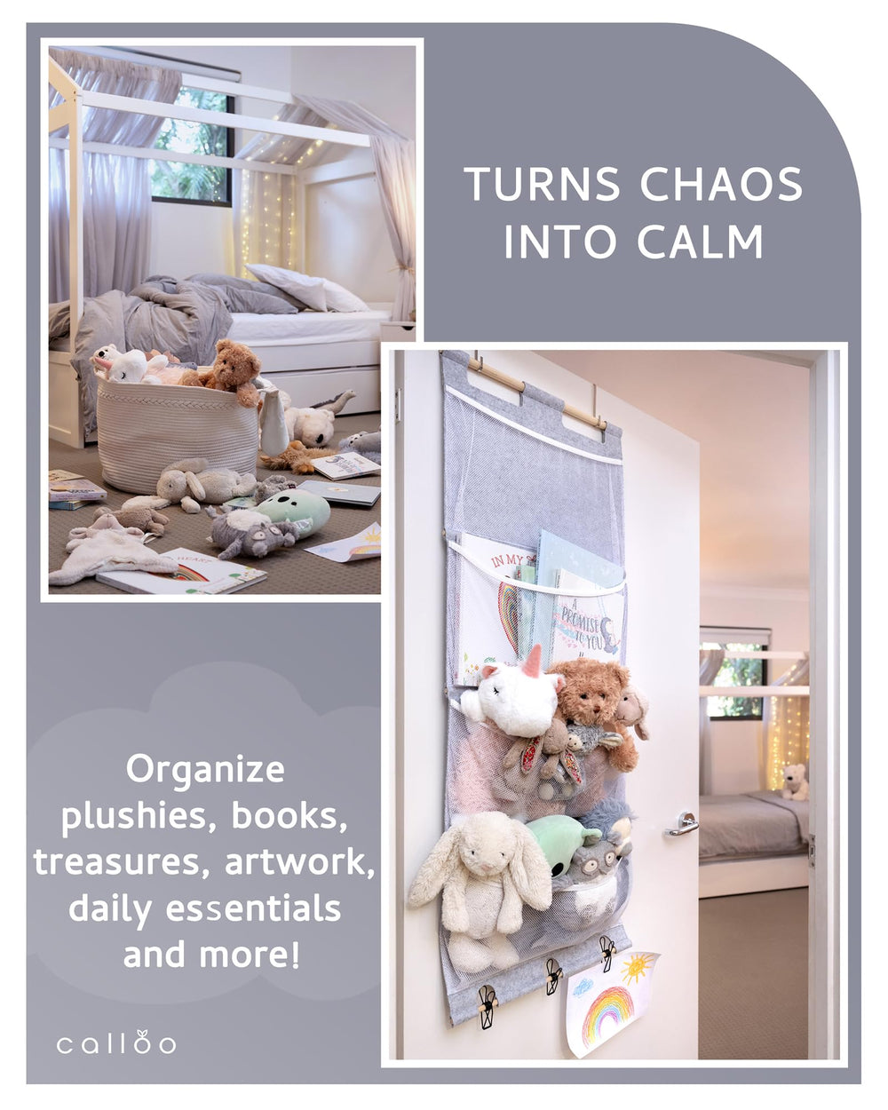 Calloo door-hanging organizer installs on standard doors without tools.