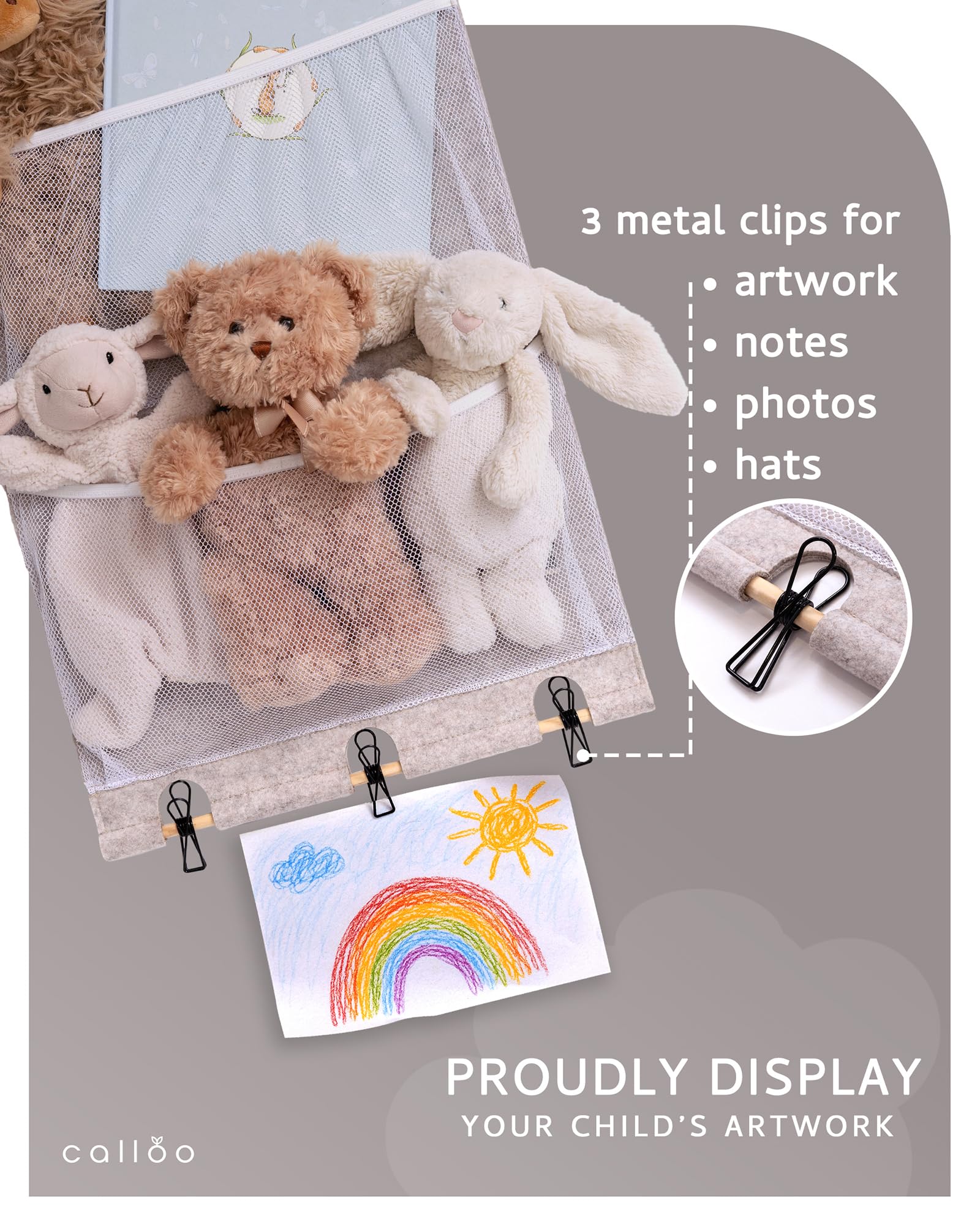 Calloo door organizer with four mesh pockets stores plushies and books.