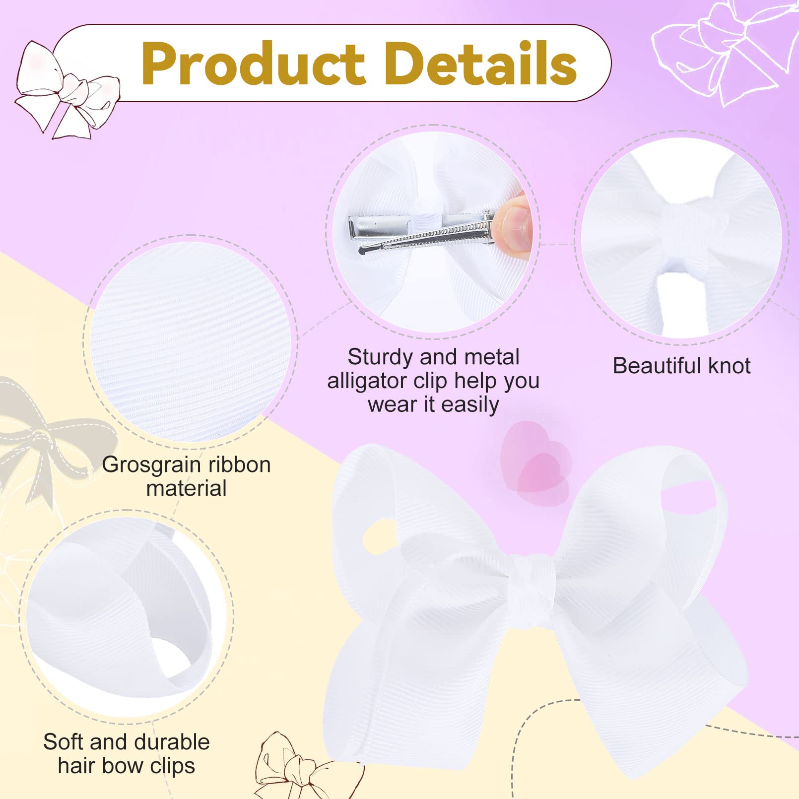 Calluace white hair bows with alligator clip close-up shows secure non-slip grip