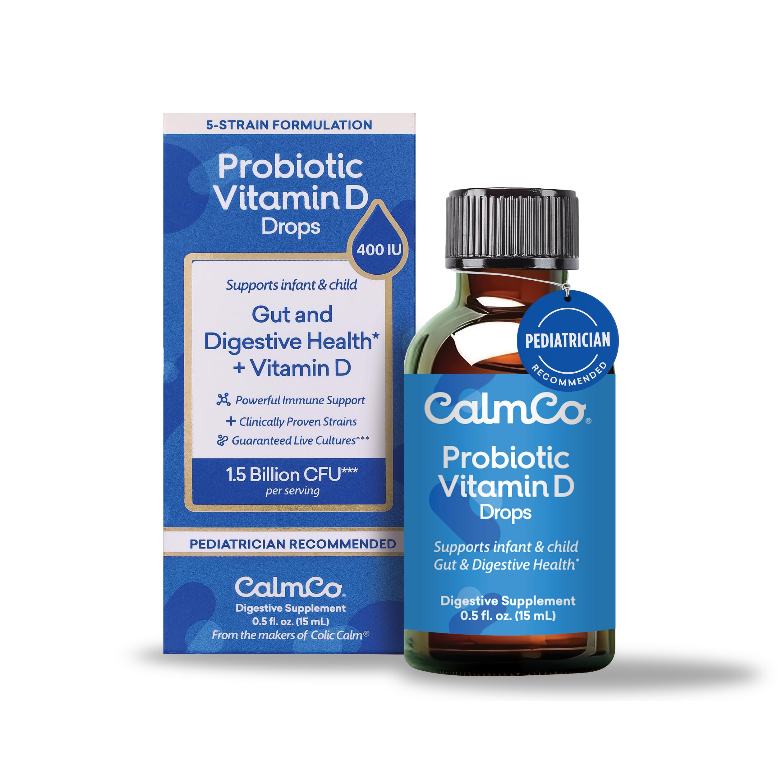 CalmCo probiotic vitamin D drops bottle supports infant gut health and daily use