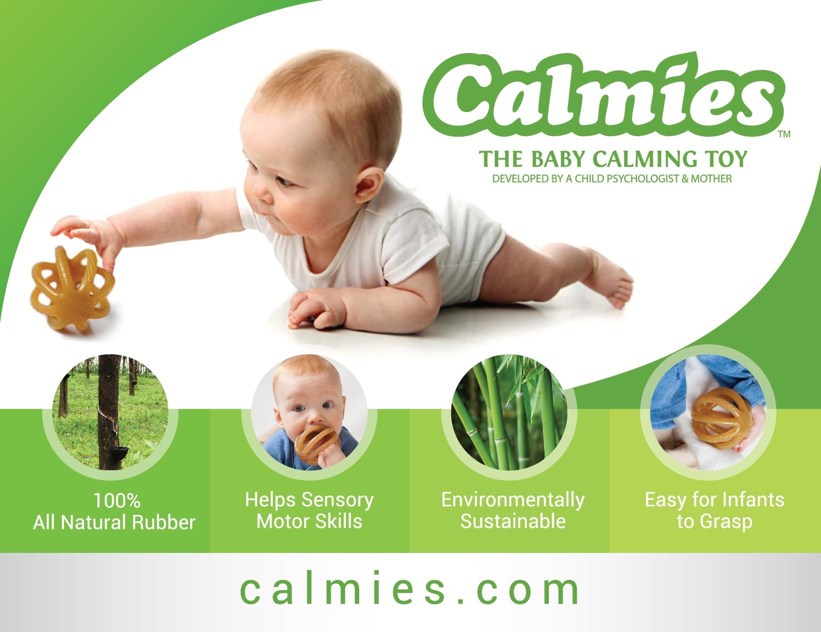 Calmies teether textured rubber surface provides tactile stimulation for exploration.