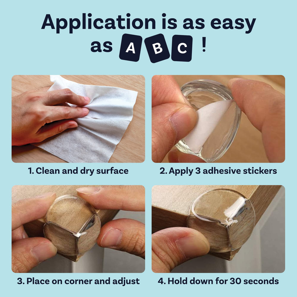 CalMyotis corner protector installation step demonstrates quick placement on table edge.